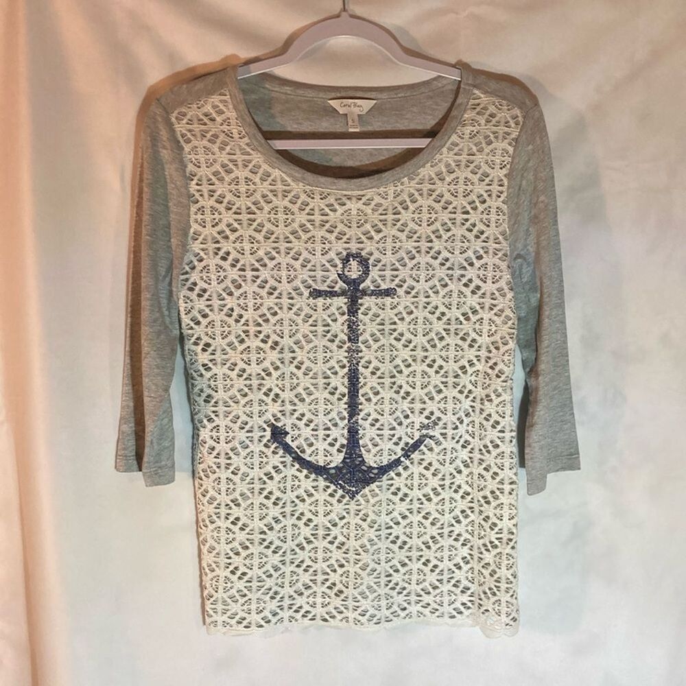 CORAL BAY gray white nautical anchor lace jersey knit top S